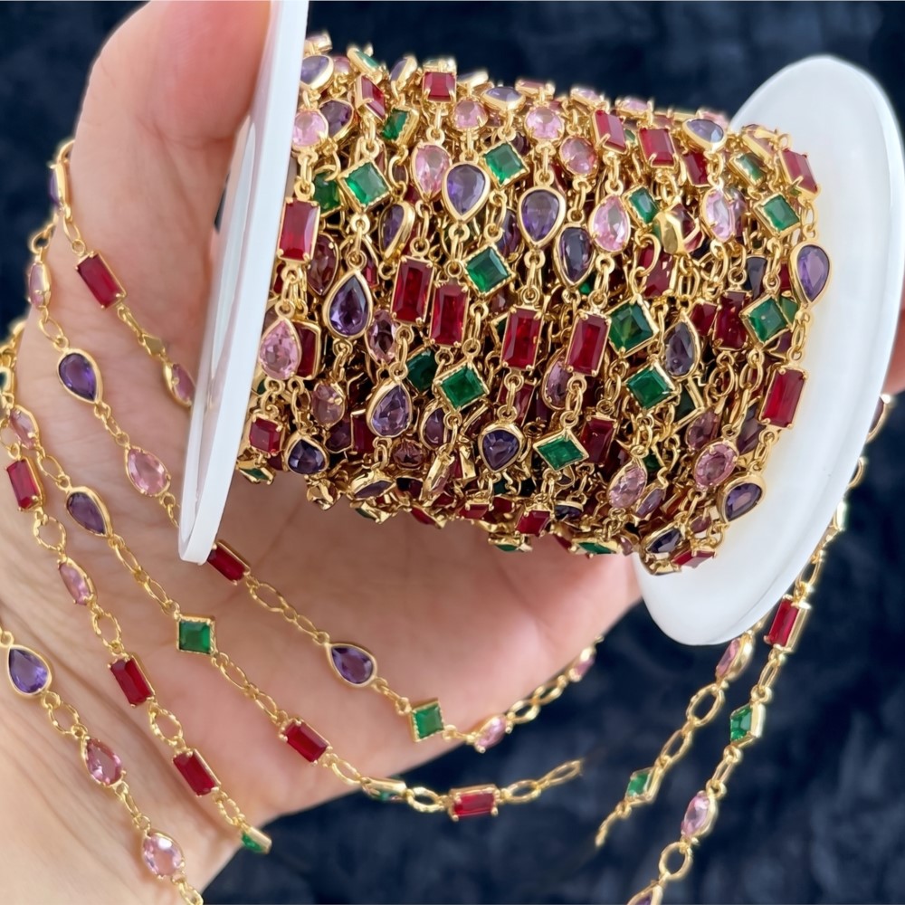 Pearl Trim Chain - Rantai Perhiasan Oval Berhiaskan Rhinestone Warna-warni