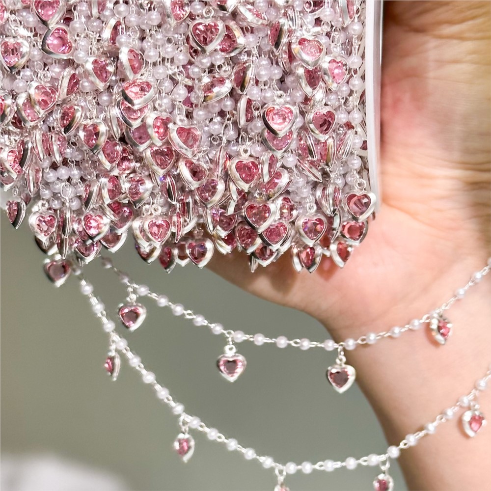 Pearl Trim Chain - Rantai Kuningan Kristal Hati Pink 0.5