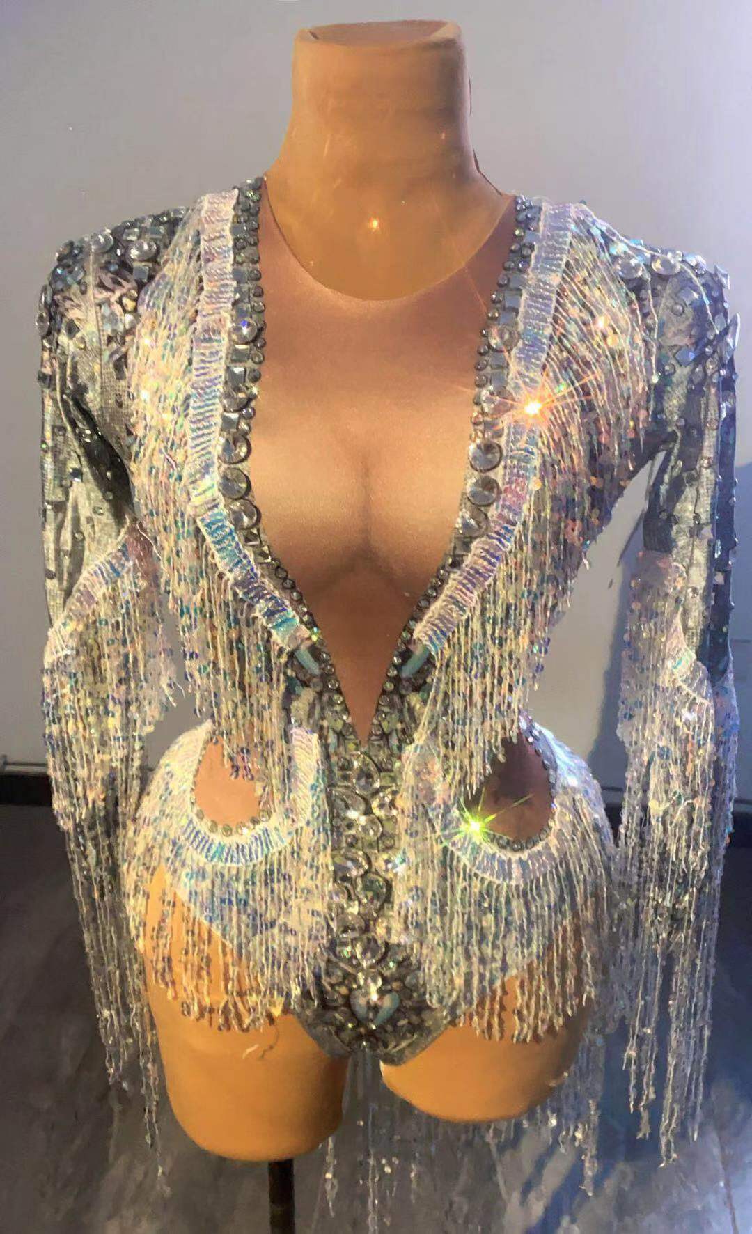 Bodysuit Pesta Rumbai Manik-ma - Rhinestone Banding Trim ulasan dan harga