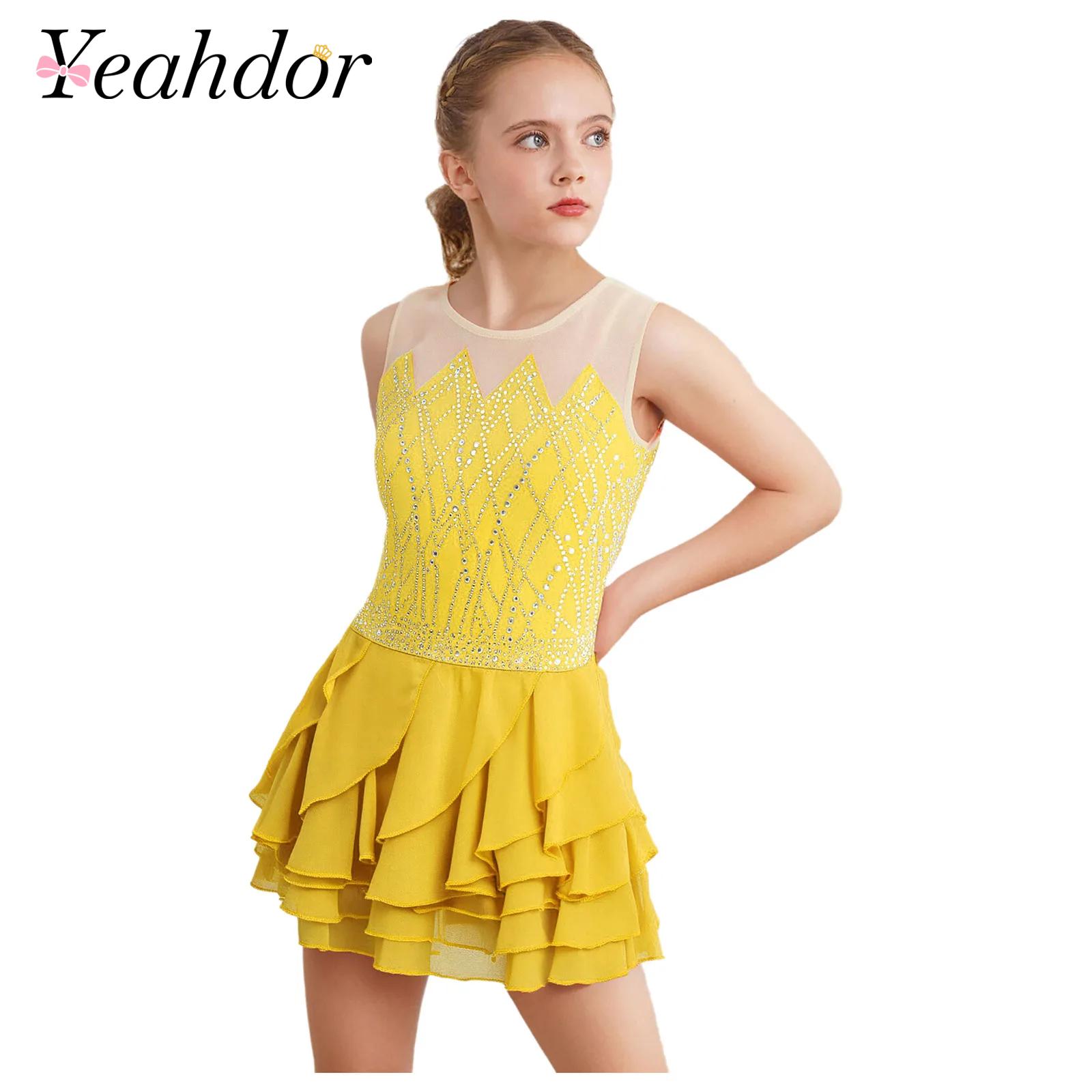 Gadis Mesh Figure Skating Gaun - Rhinestone Banding Trim ulasan dan harga