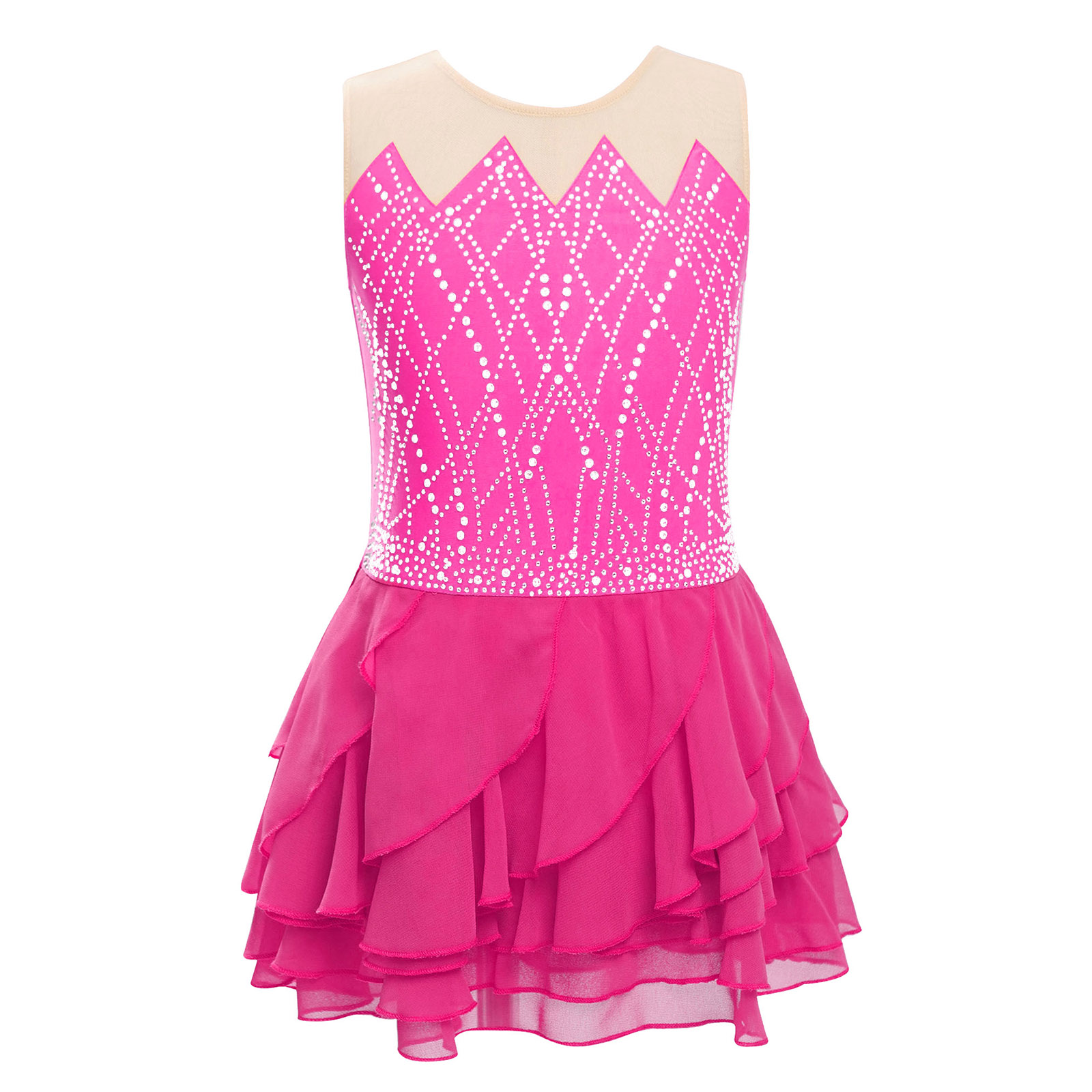 Gadis Mesh Figure Skating Gaun - Rhinestone Banding Trim ulasan dan harga